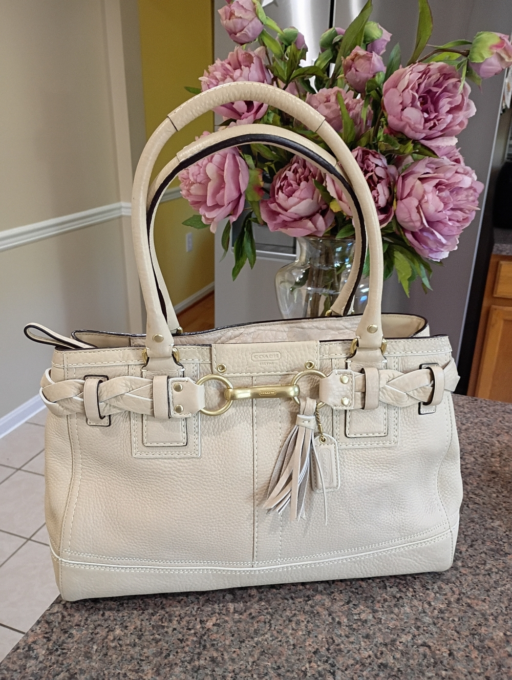 Coach Hamton Briaded Pebbled Leather Satchel Bag in Chalk - Picture 4 of 16